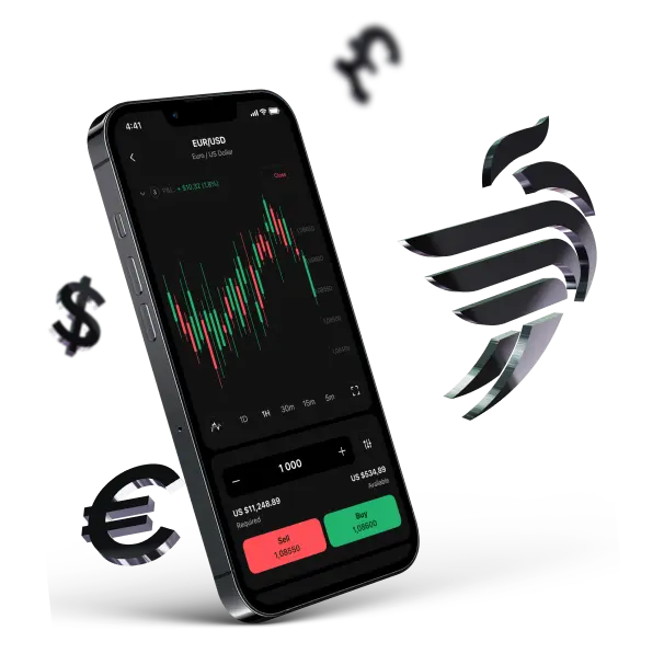 A smartphone displaying a financial trading app with a candlestick chart for EUR/USD, surrounded by sleek metallic currency symbols. On the right, a sleek metallic phoenix logo design is present.